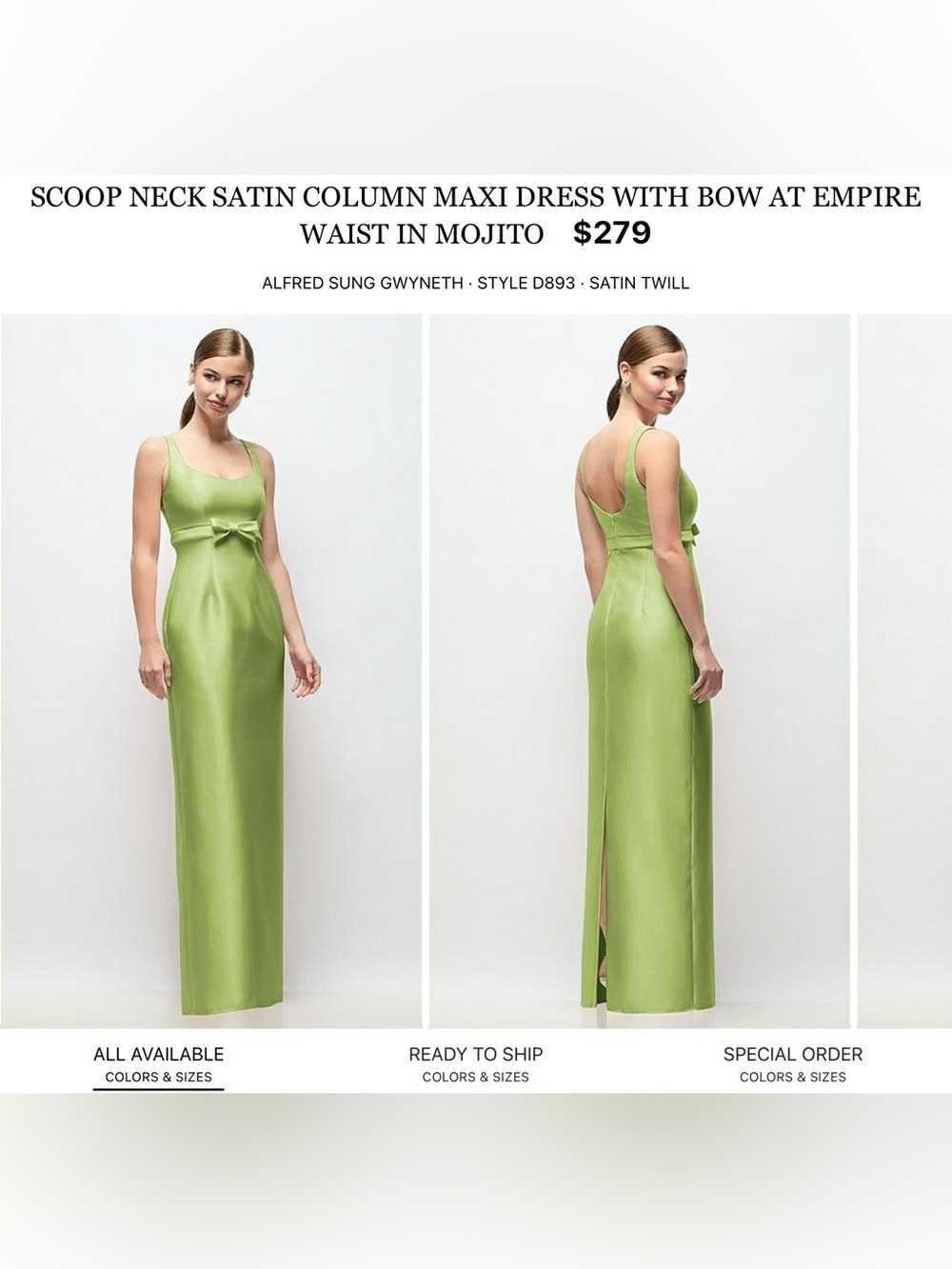 ALFRED SUNG Mojito Green Satin Maxi Column Dress with Empire Bow - Picture 1 of 6